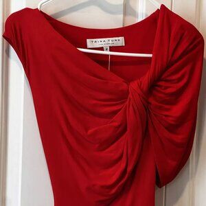 NWT: TRINA TURK CARDINAL RED DRAPED SLEEVE STRETCH JERSEY KNIT DRESS, SIZE: 4